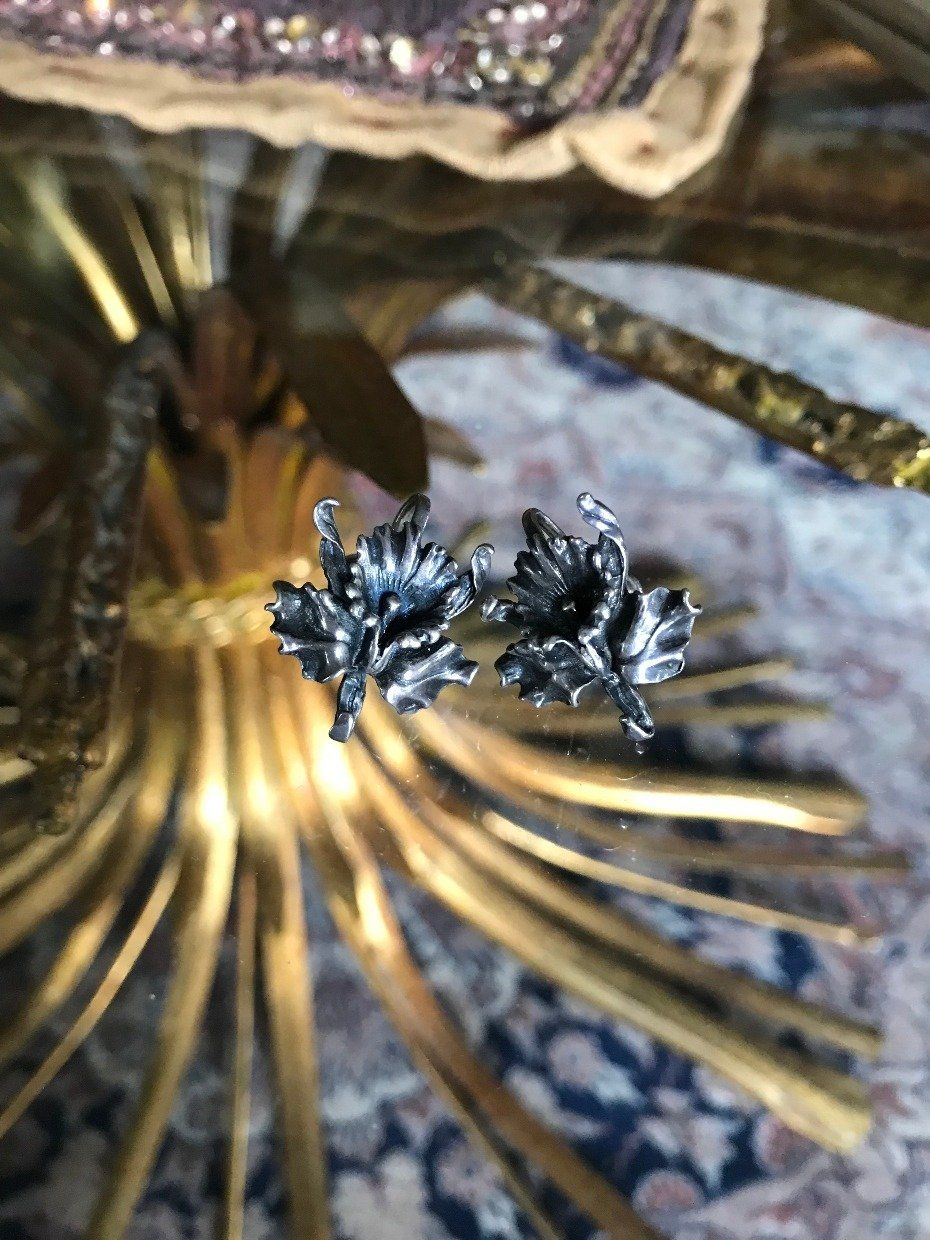 Vintage c.1940s Sterling Silver Orchid Flower Screwback Earrings 2