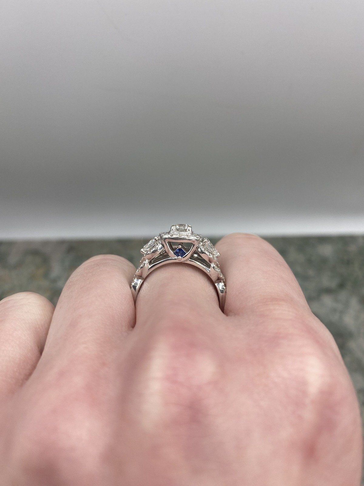 14k White Gold 1.33ctw Pear + Round Cut Diamond Engagement Ring Set w Natural Blue Sapphire Cathedral Shank Details + GIA & Appraisal 6