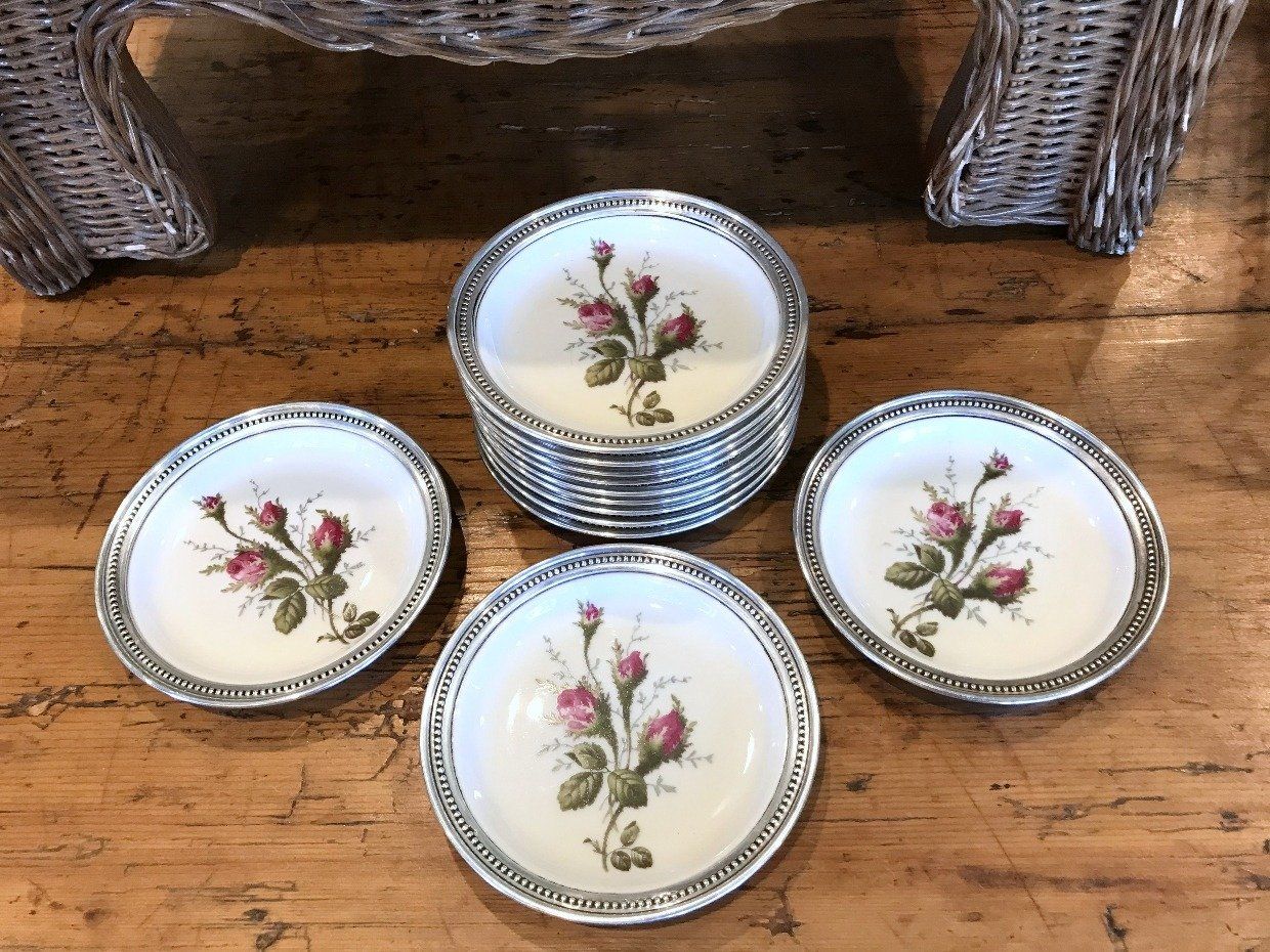 12 Vintage Rosenthal Germany Moss Rose Sterling Rimmed Plates 3