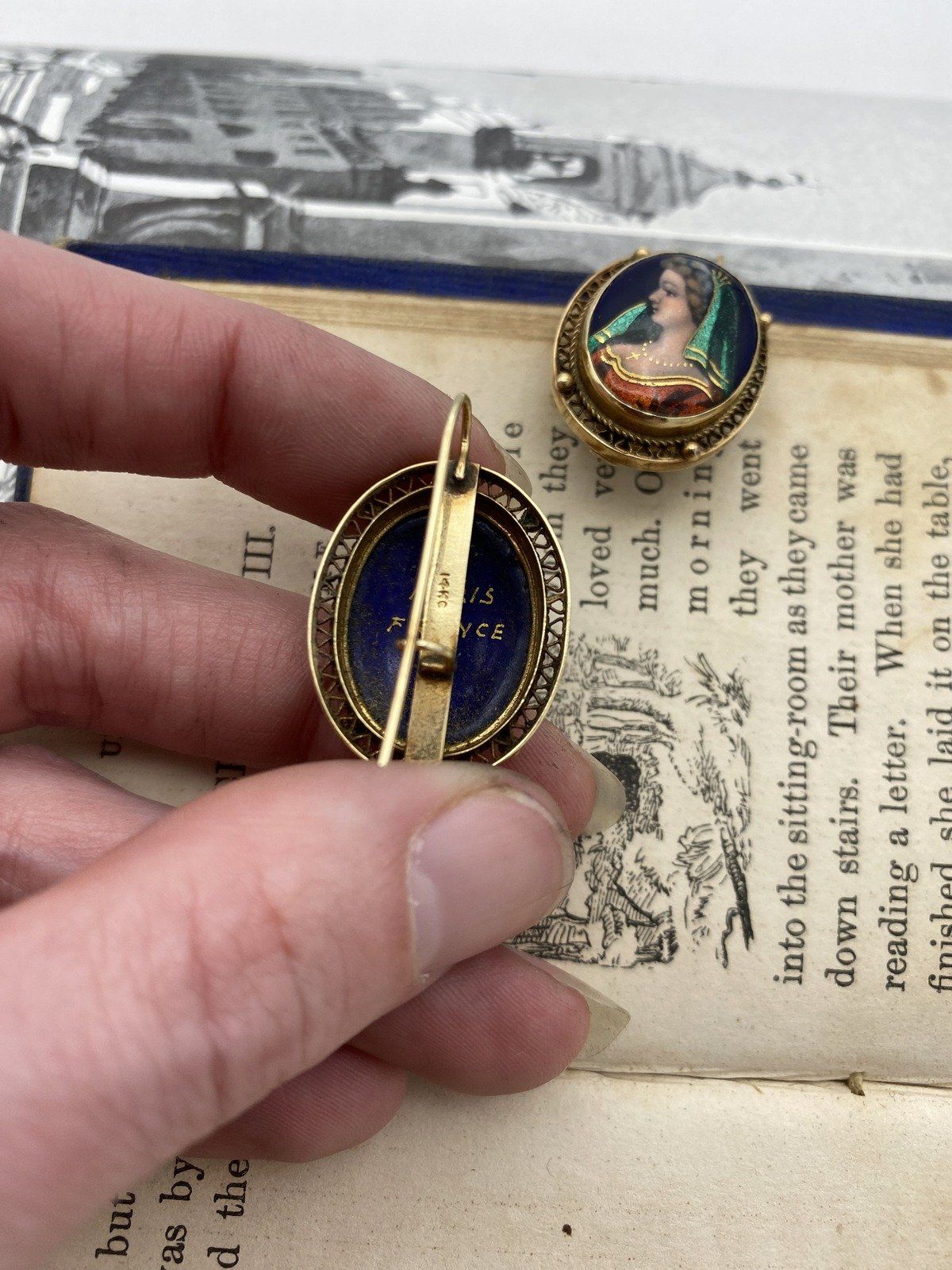 French Antique 14k Enameled Miniature Portrait Filigree Framed Drop Earrings 6