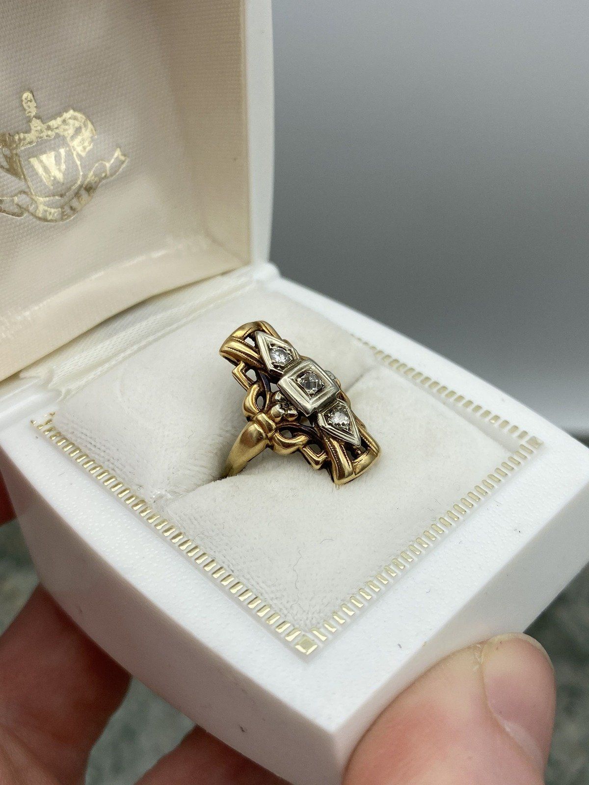 Antique 14k Gold Skeletal Diamond Navette Ring w White Gold Setting #2768 4