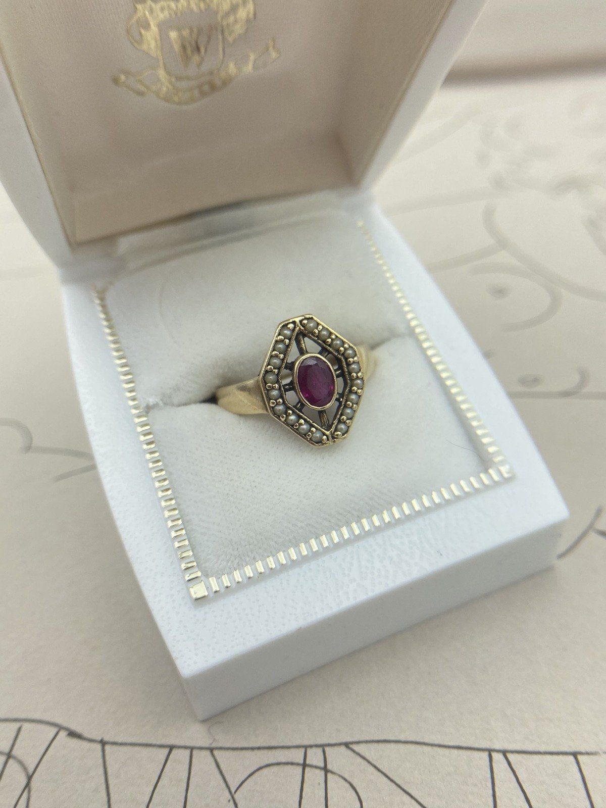 Antique 10k Gold Trapezoid Seed Pearl + Bezel Oval Ruby Navette Ring #2937 6