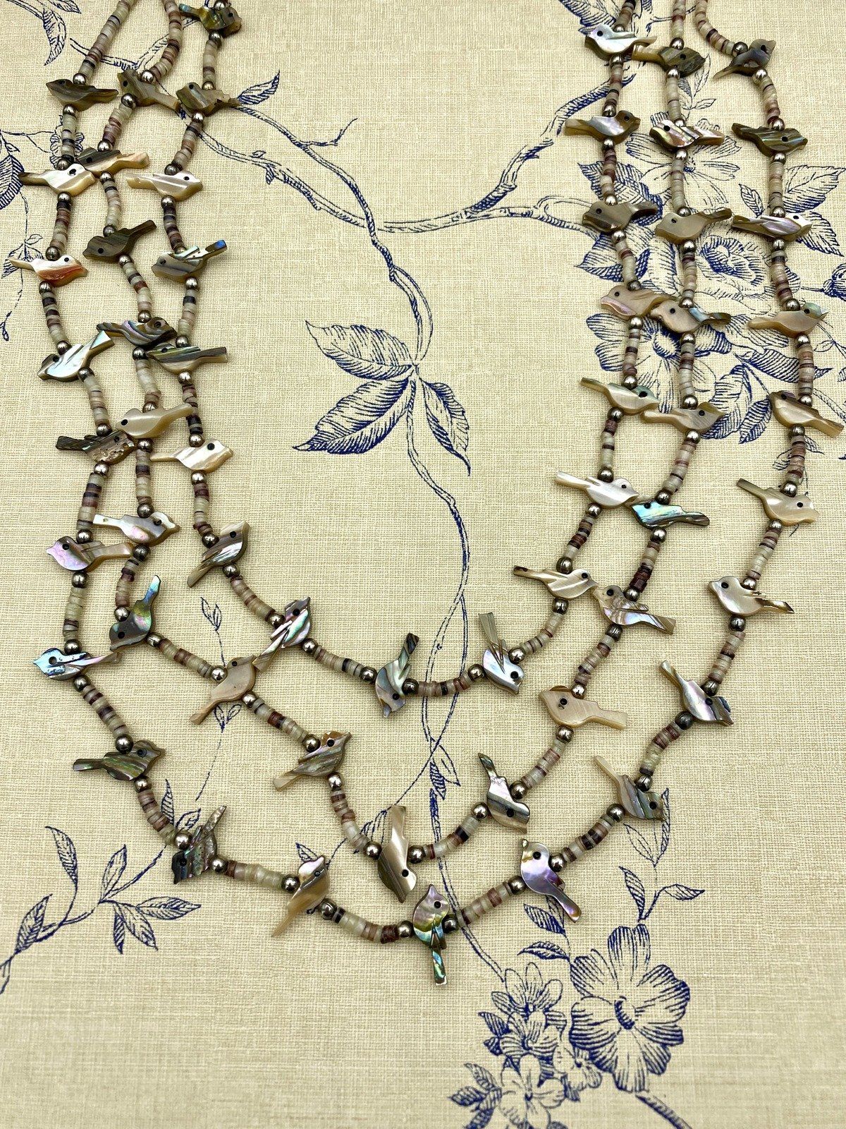 Old Sterling Silver Native American Abalone + Mother of Pearl Bird Fetish Carving Multi Strand Necklace w Horn Accents 3