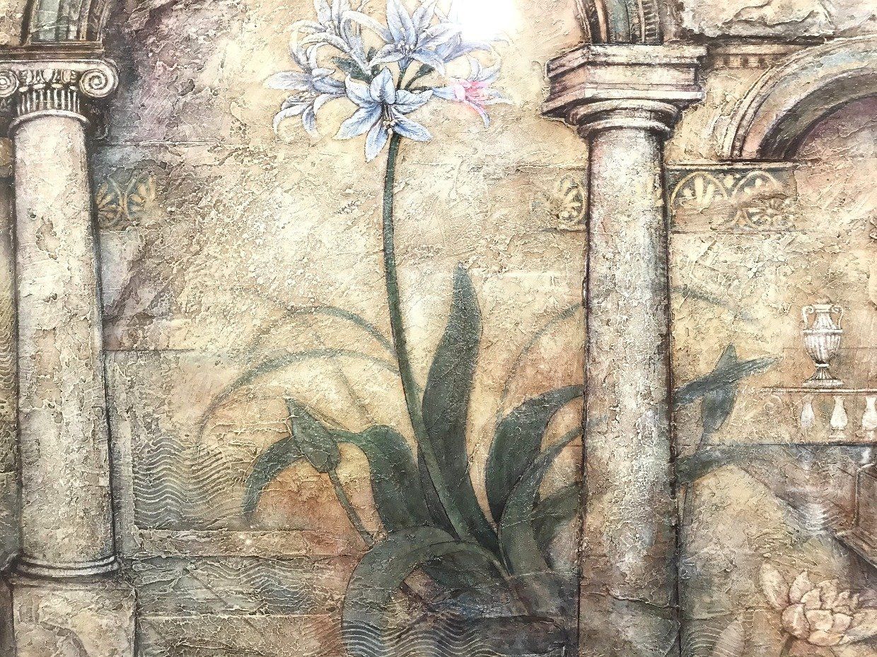 Signed A.IGEK Landscape Framed Textured Print of Column Arch Corridor w Lotus + Stemmed Bloom 2