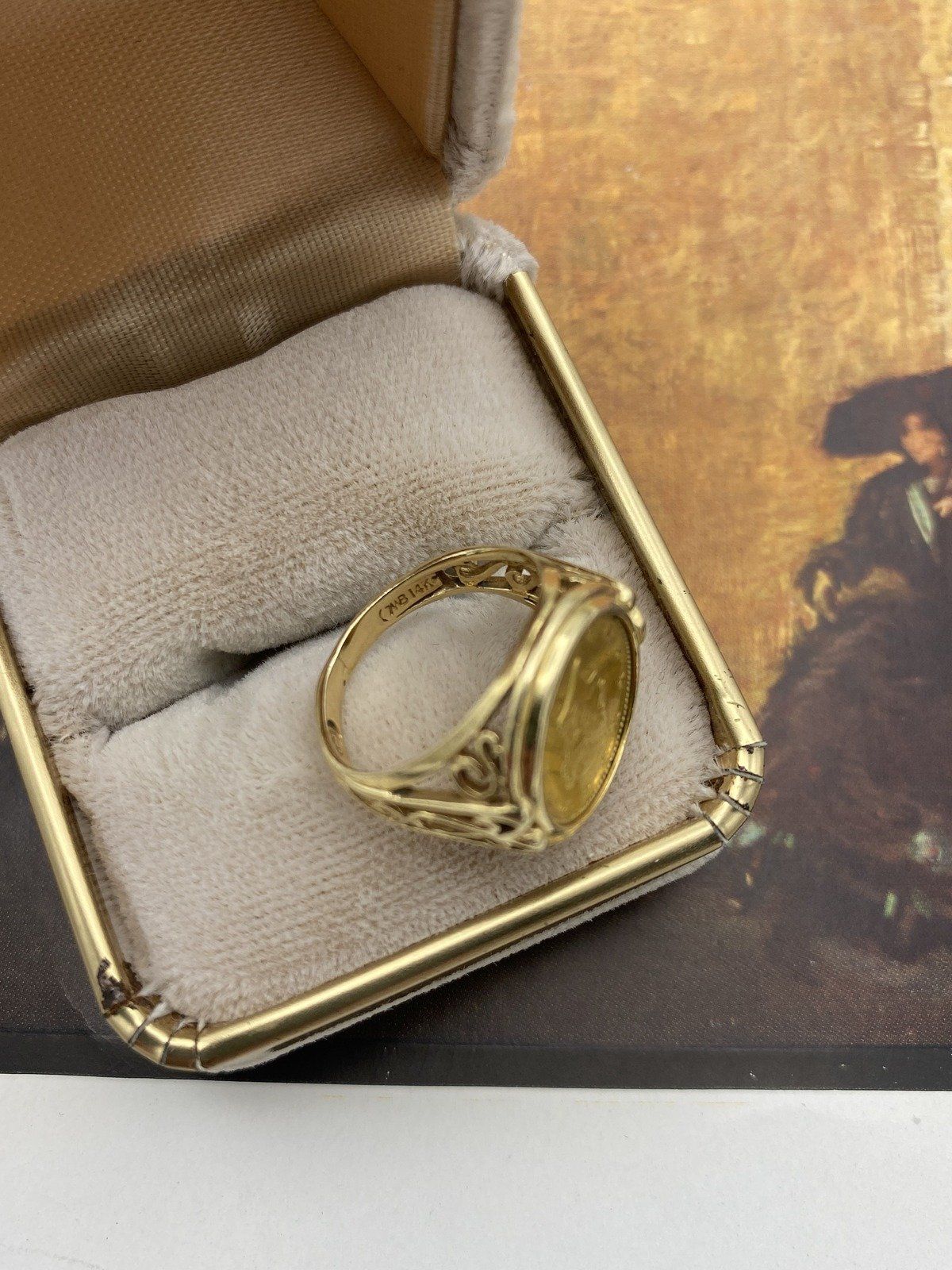14K Gold Ring with $1 Liberty Head Gold Coin Type 1 Filigree Setting. Sz 4.25 4