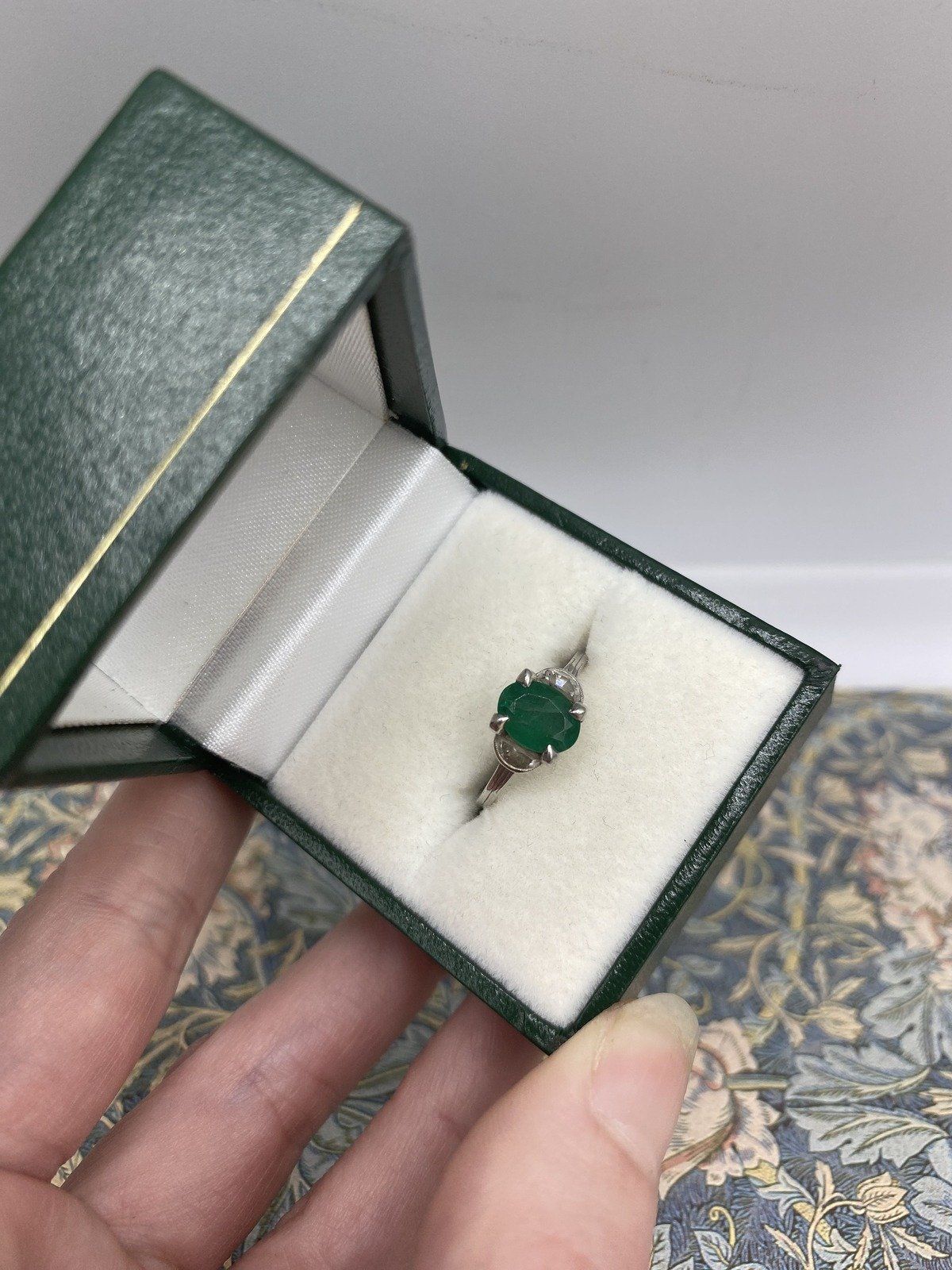 Antique Edwardian c.1910s/20s Platinum Emerald + Demilune Cut Diamond Ring 2