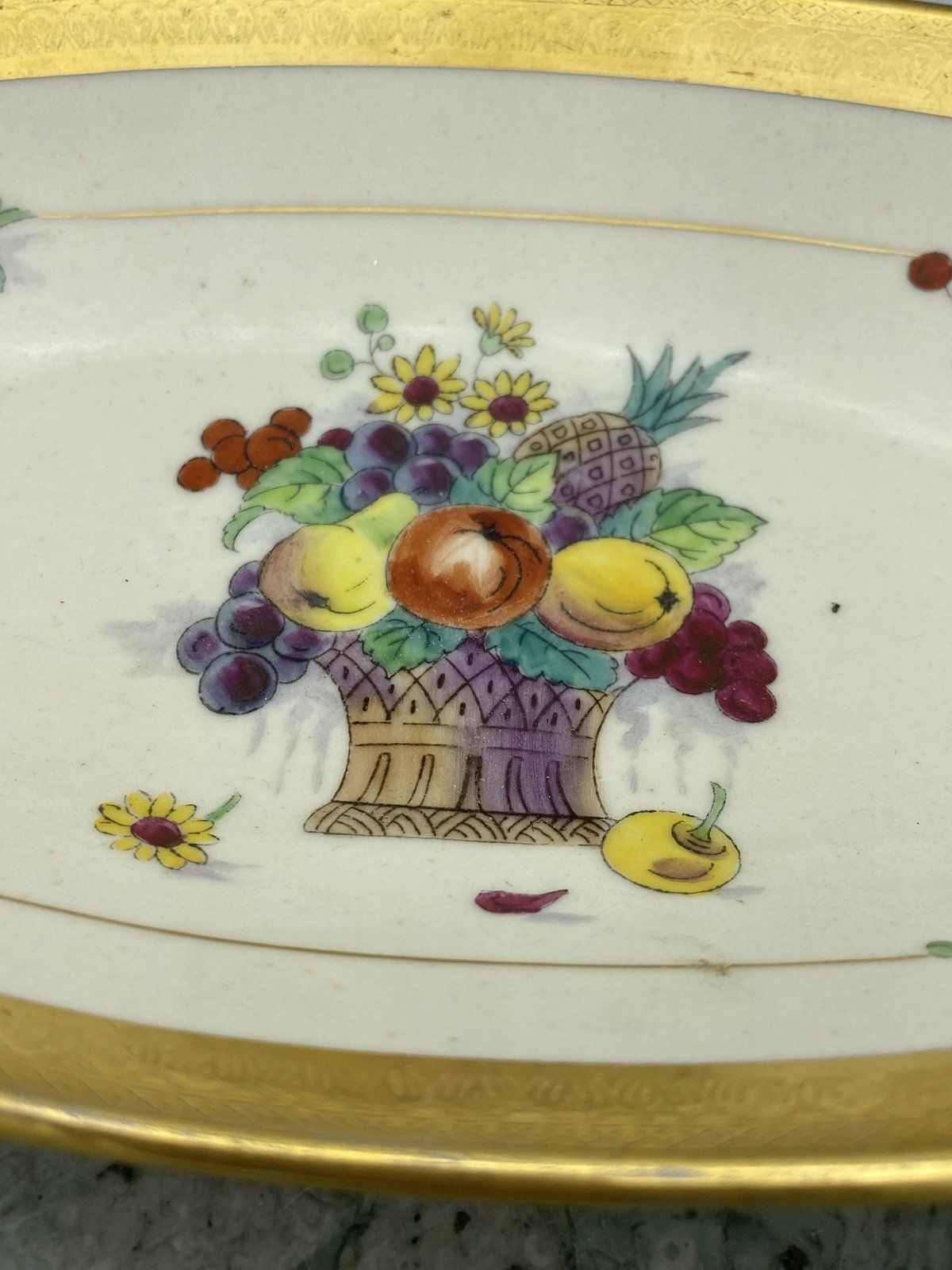 Antique c.1910/20s Pickard Gold Rim + Fruit Basket Oblong Serving Dish 2