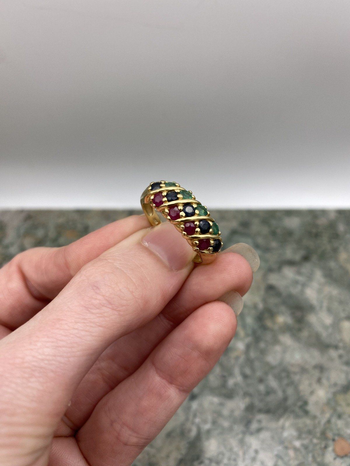 Vintage 14k Gold Trio Ruby + Emerald + Sapphire Ring Bombe Band #2794 4