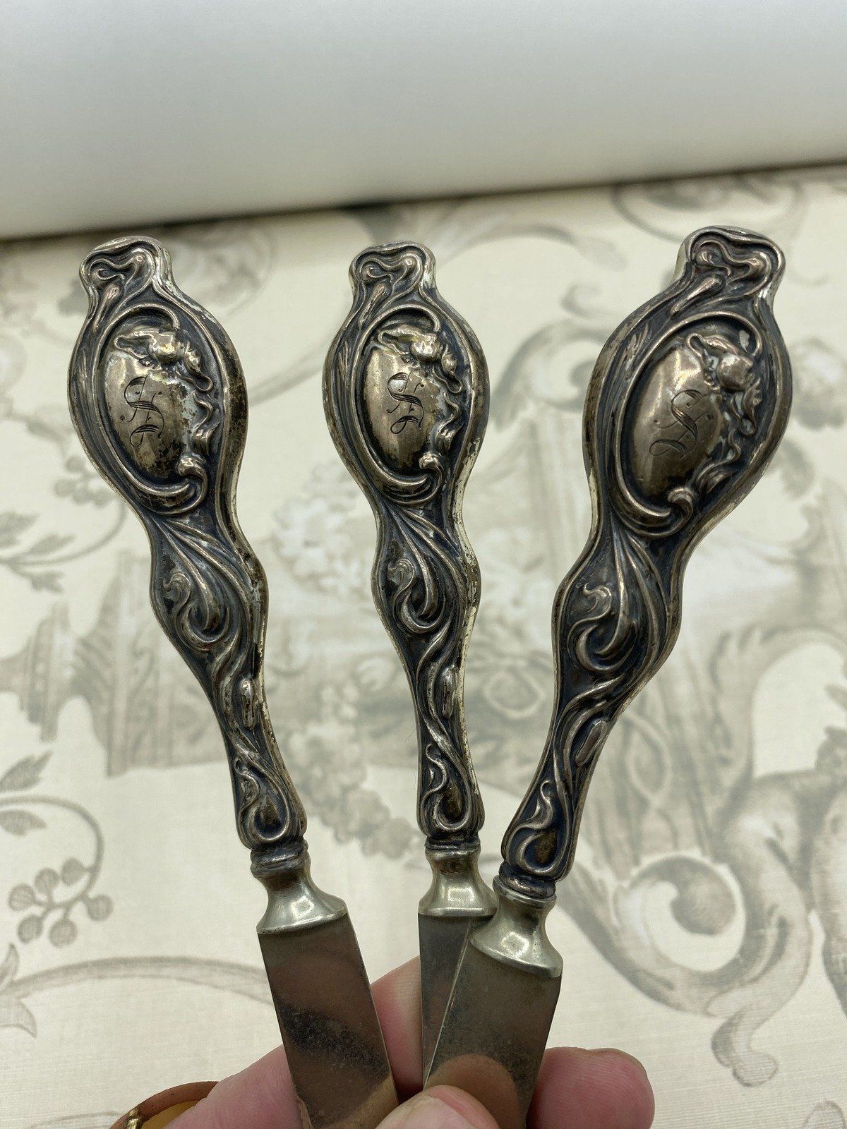 Set of 3 Antique Art Nouveau Sterling Silver Citrus Knives 2
