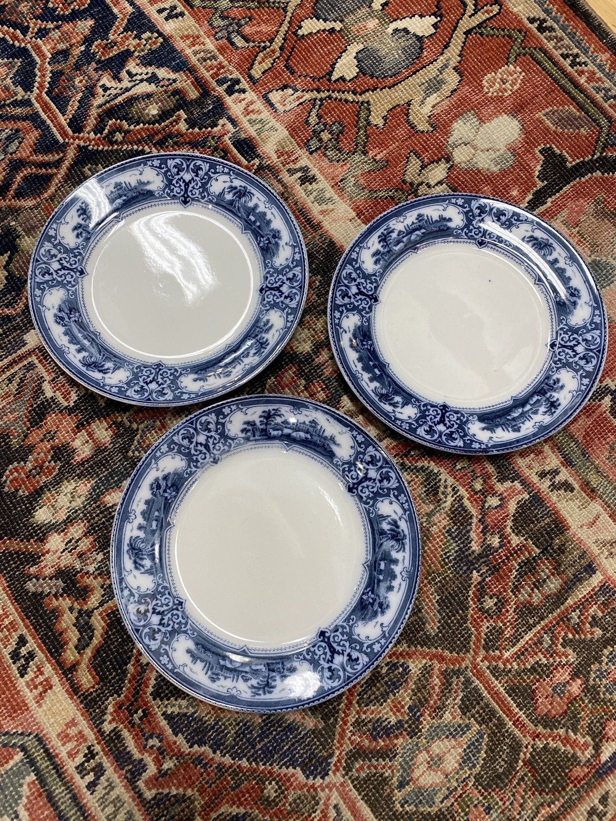 Antique Set of 3 English F. & Sons Flow Blue Verona 10.5 Dinner Plates