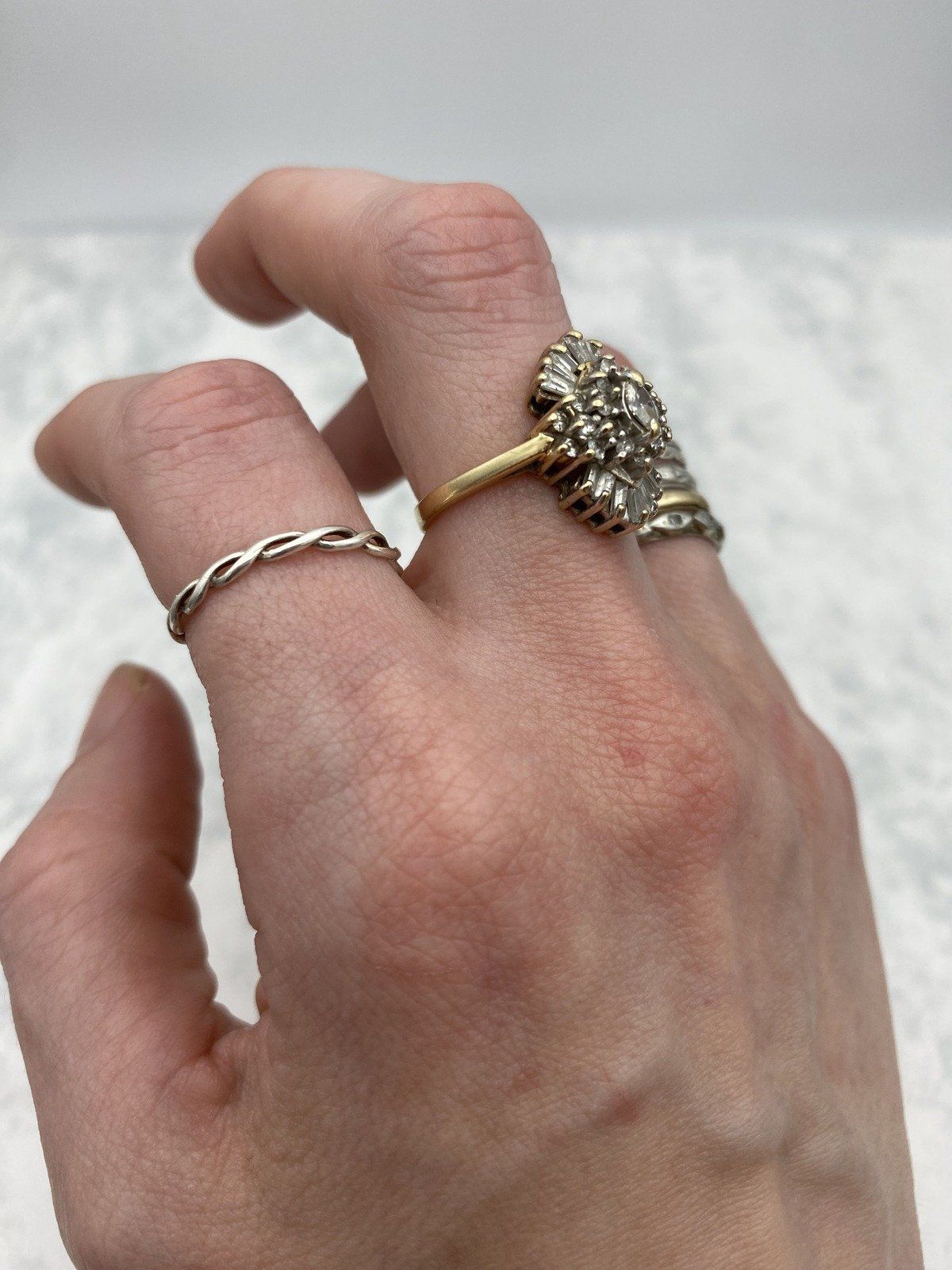 14k Vintage Diamond Spray Cluster Burst Ring w Baguettes + Marquise Center Diamond Ring 8