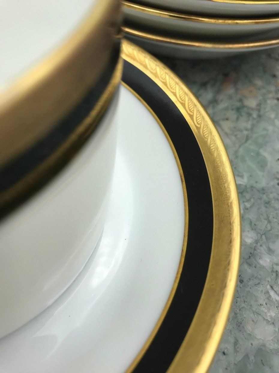 Richard Ginori Italian Palmero Gold + Blk Rim 12pc Tea Cup + Saucers 2