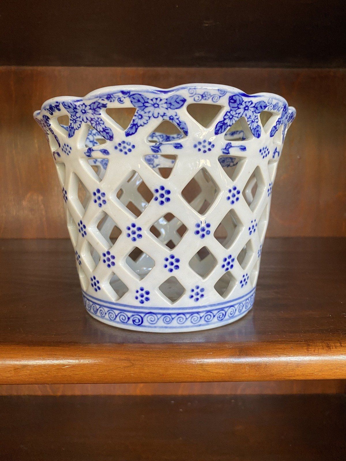 Vtg Reticulated Flow Blue Flower Pot Basket Planter by Andrea Sadek 2