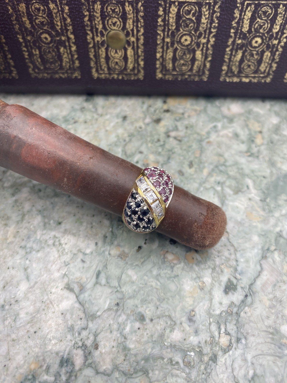 Gold Vermeil Sterling Silver Sapphire + Ruby + White Topaz Bombe Ring 2