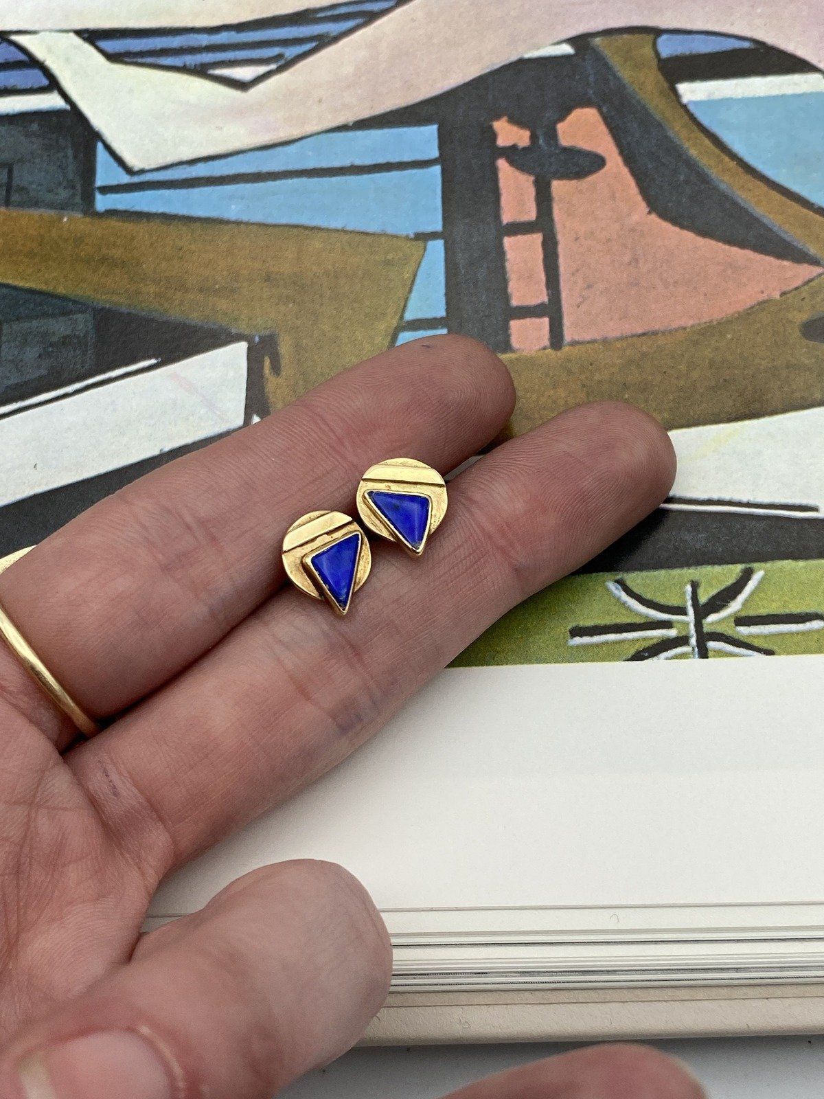 CUTE 14k Gold Modernist Lapis Inlay Geometric Stud Earrings #3075 6