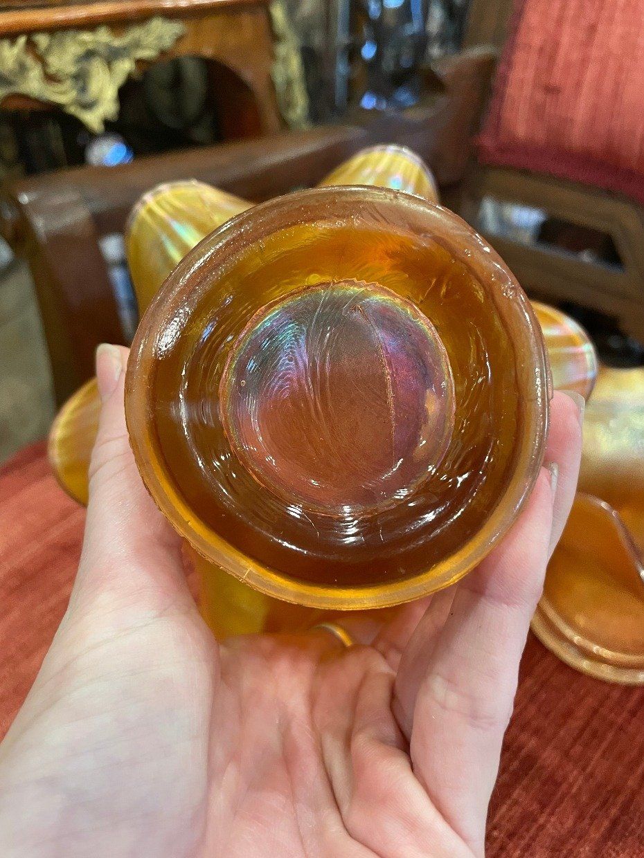 Pair of Leaf Molded Orange Carnival Glass Votive Holders w Pinched Rims 3