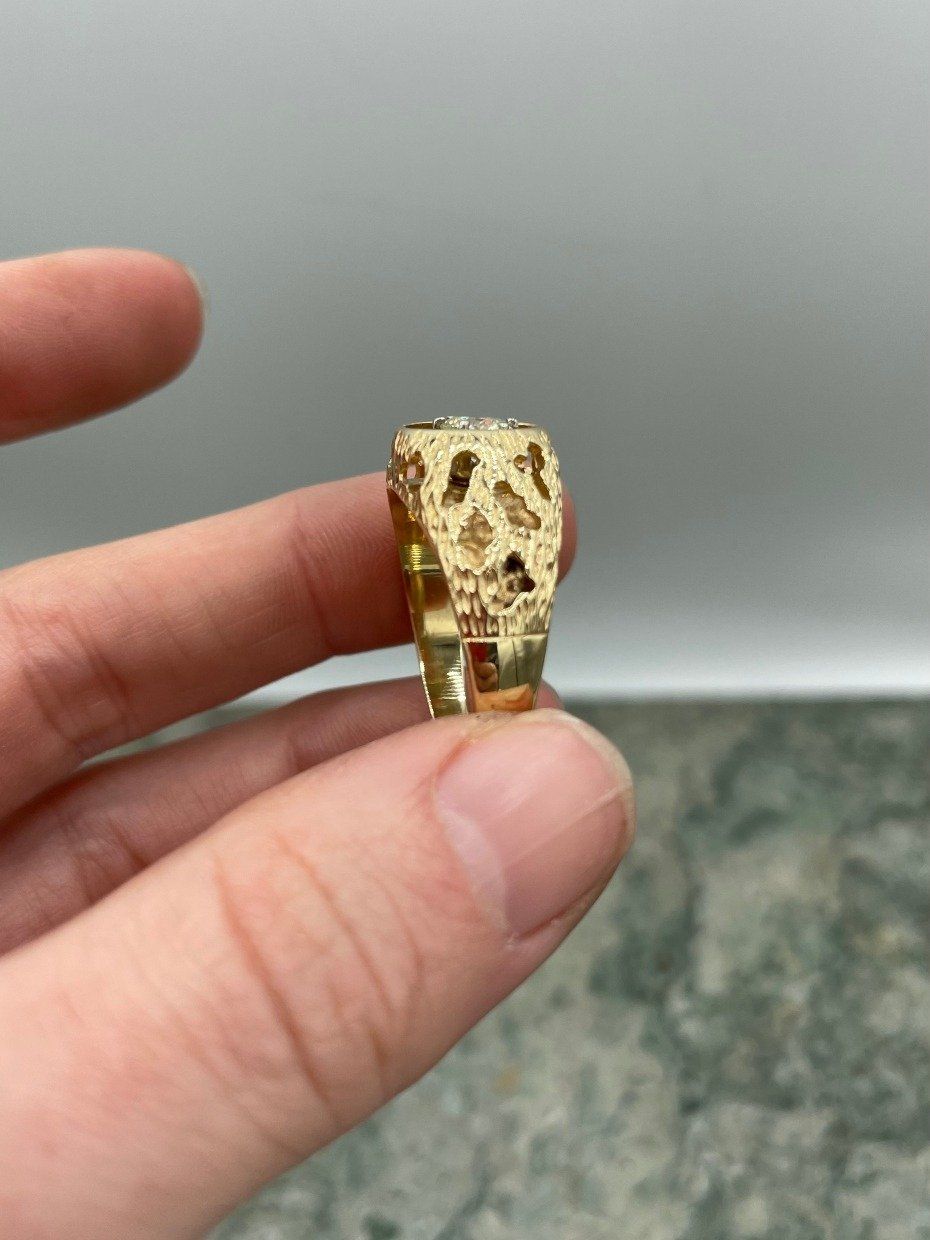 Handsome 14k Gold Sculptural Nugget Dimensional Set Floating .75ct Solitaire Diamond Men's Ringj 4