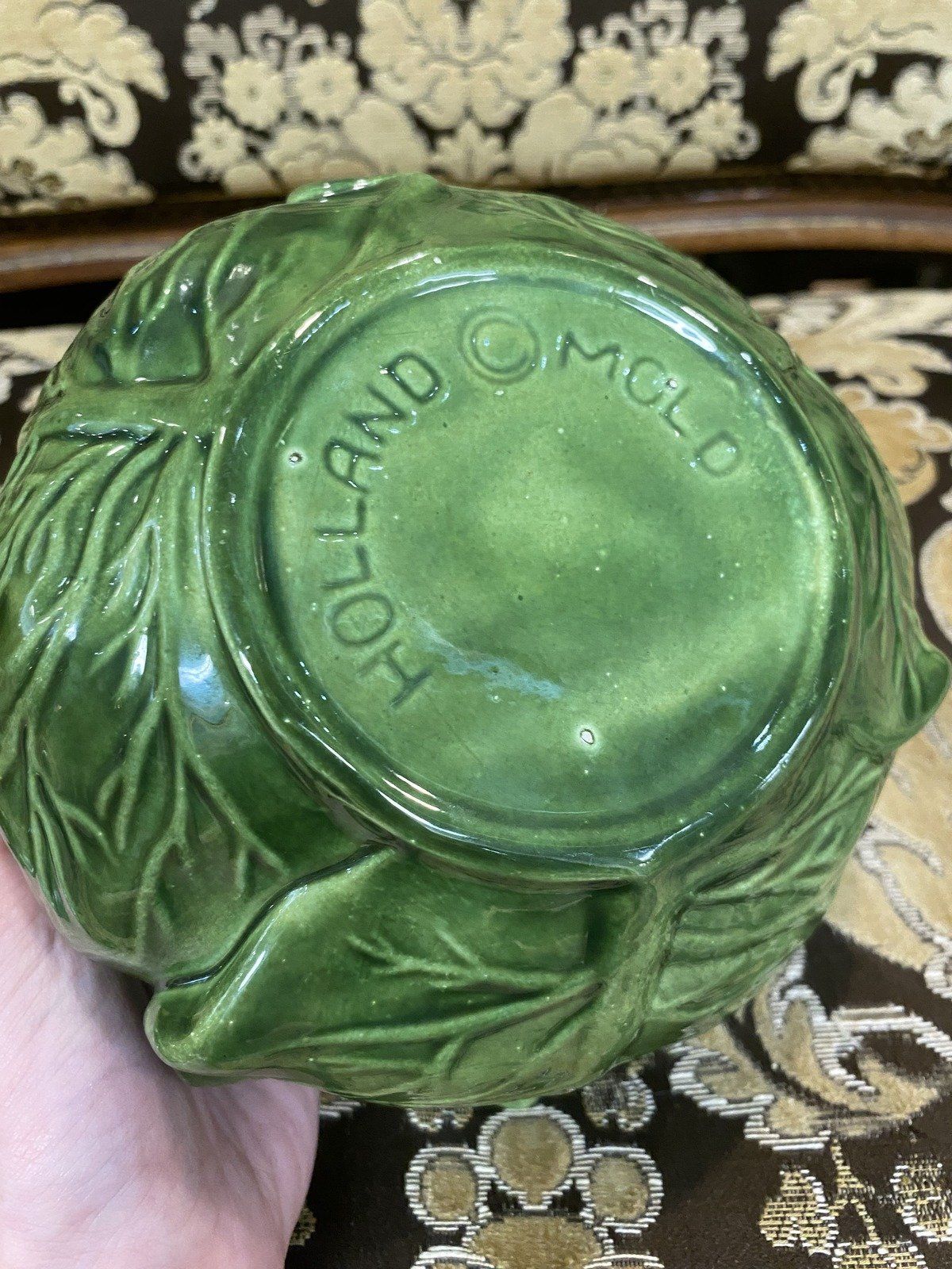 Vintage Holland Mold Lidded Cabbage Leaf Majolica Ceramic Serving Bowl + Lid 9