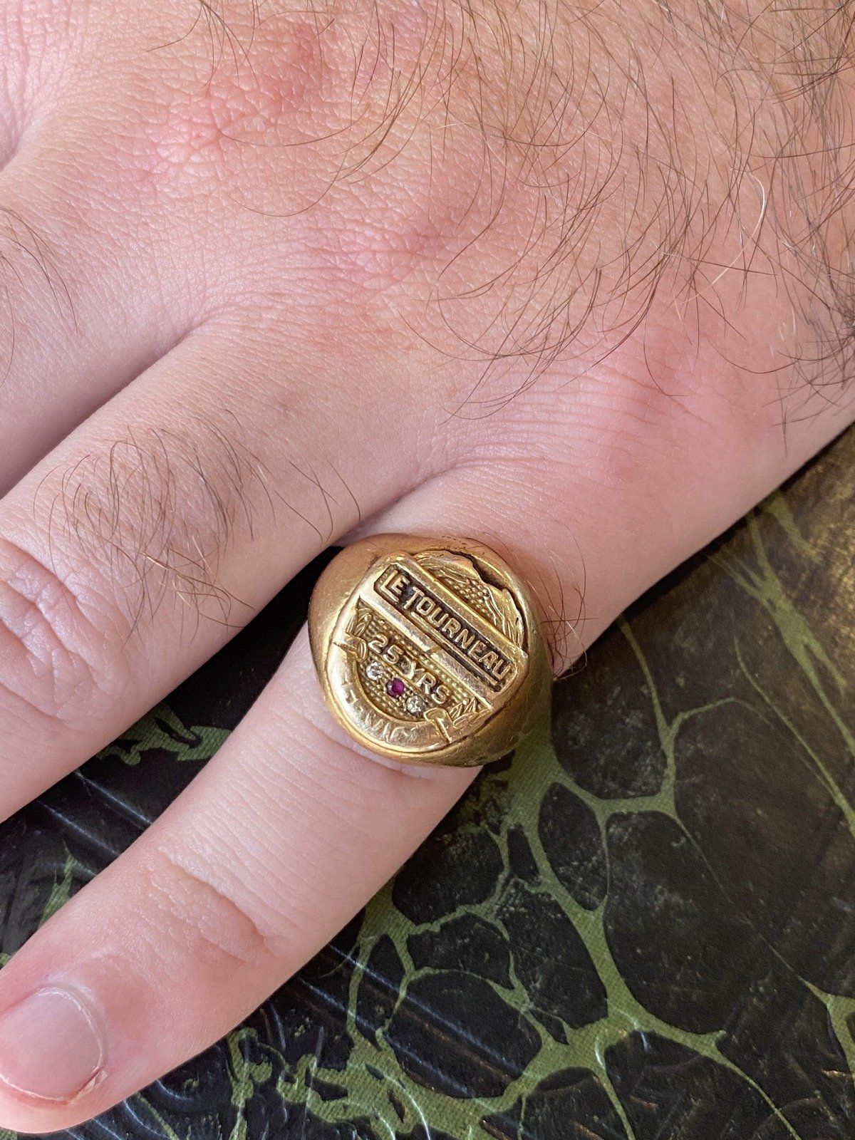 Antique 14k Gold Le Tourneau 25 Years of Service Weighty Signet Class Ring w Ruby + Diamond Accents 4