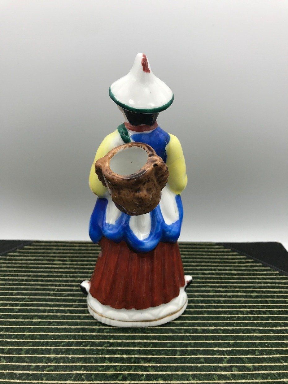 Occupied Japan Porcelain Traditionally Dressed Figurine w Rice Basket Vase Detail 2