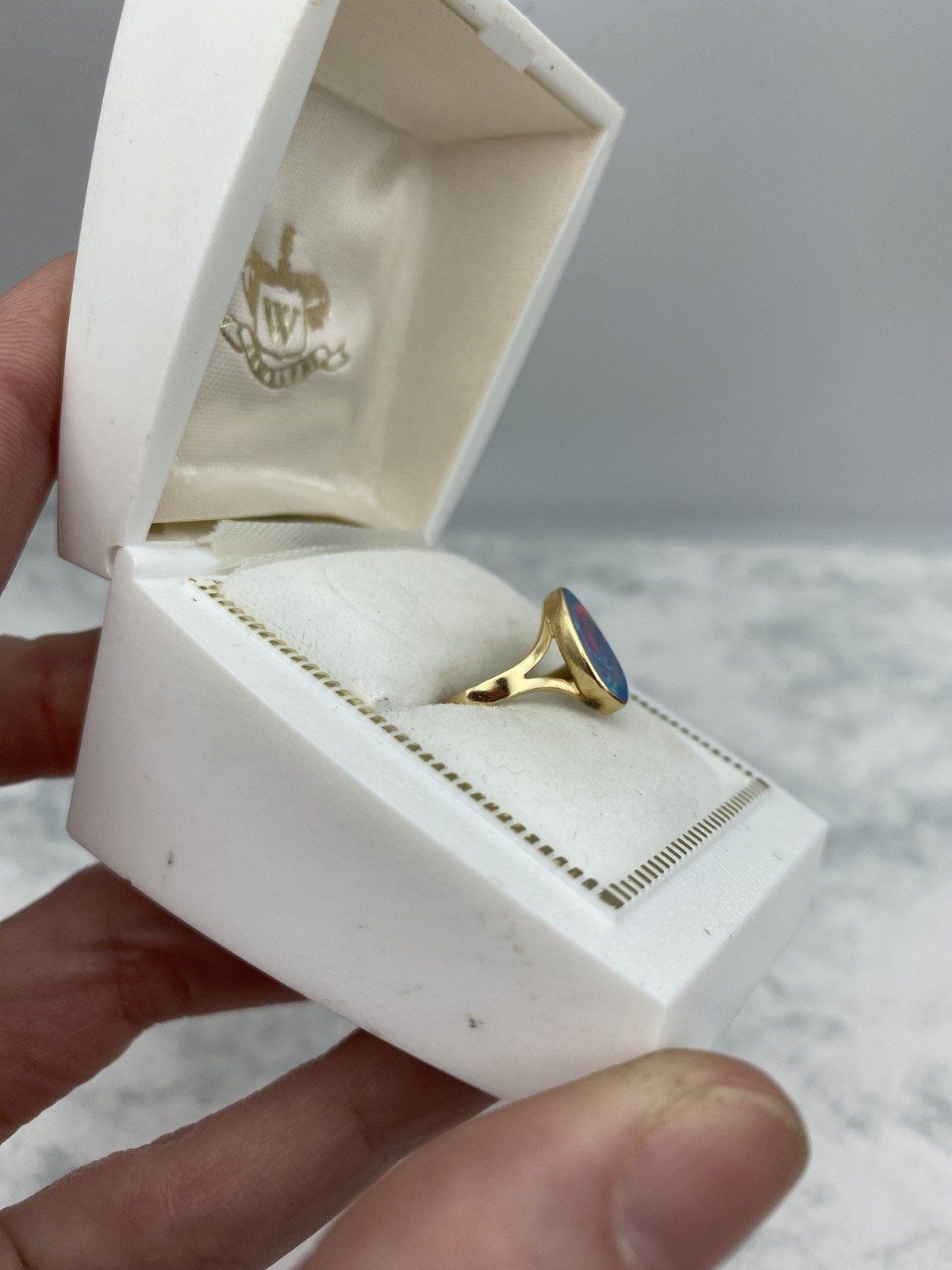Lovely Narrow Pear 14k Gold Black Opal Ring w Lovely Fire + Split Shoulder Design 5