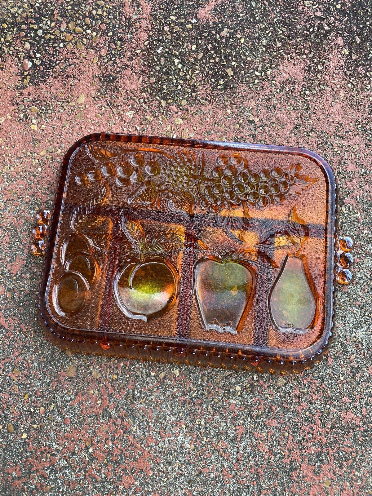 Vintage Marigold Pressed Fruit Motif Carnival Glass Divided Serving Dish 2