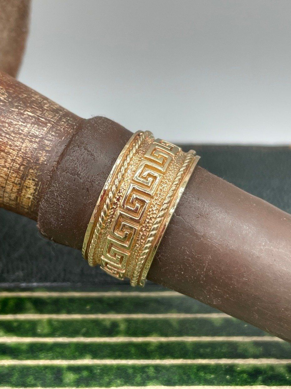 Weighty 10k Gold Versace Inspired Greek Key Wide Ring Band 2