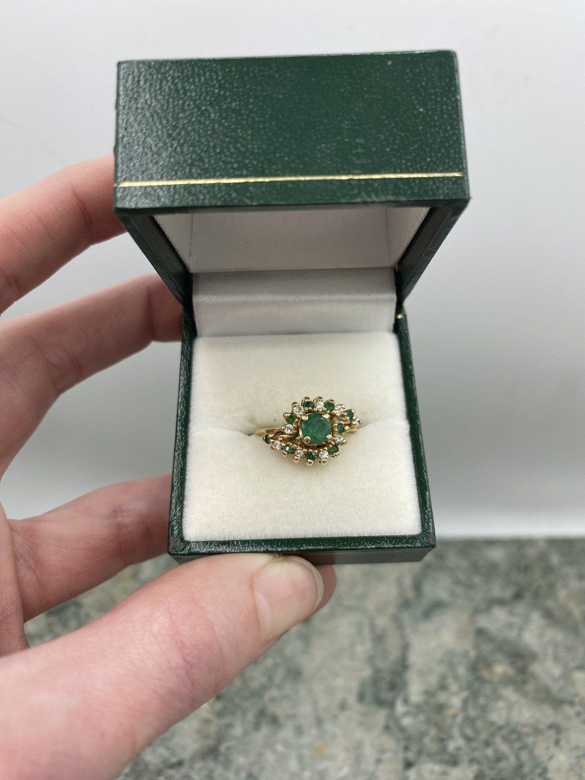 14k Gold Emerald Solitaire + Diamond Bypass Halo Ring 2