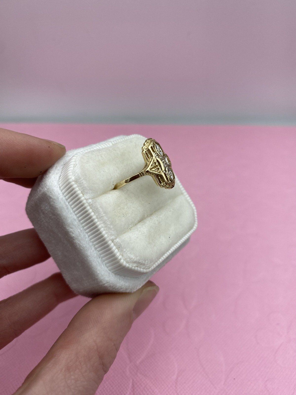 Antique 10k Gold Dainty Filigree Navette Ring White Gold Center + Melee Diamond #2200 3