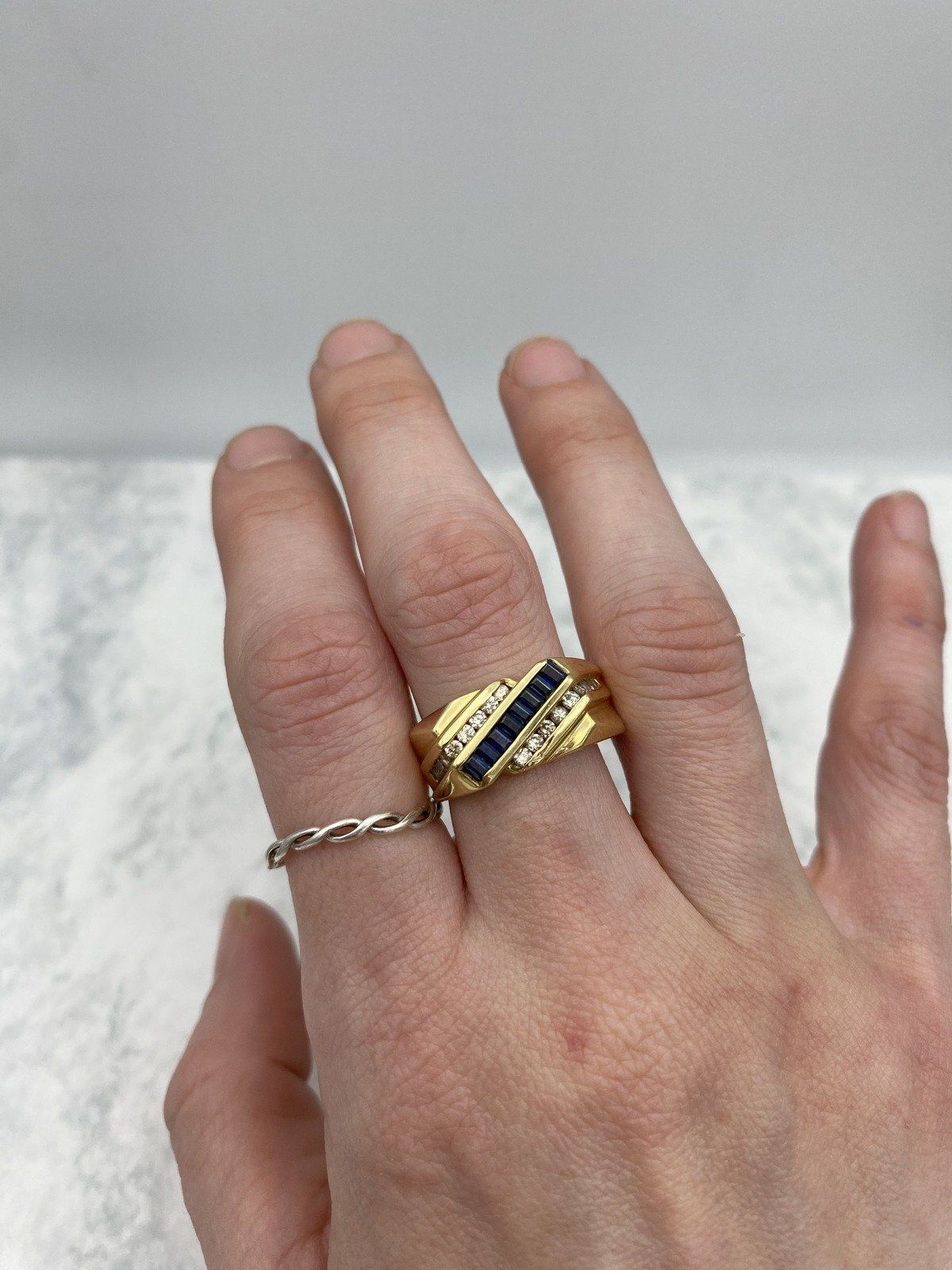Mod Vintage 14k Gold Cubic Channel Set Baguette Sapphire + Diamond Ring 6