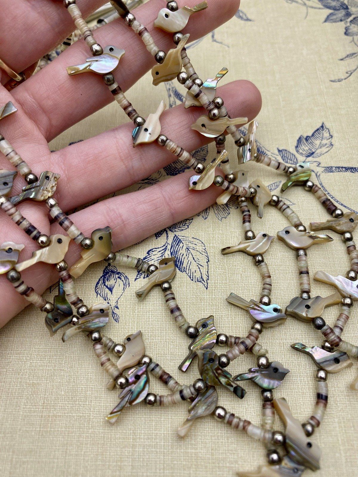 Old Sterling Silver Native American Abalone + Mother of Pearl Bird Fetish Carving Multi Strand Necklace w Horn Accents 7