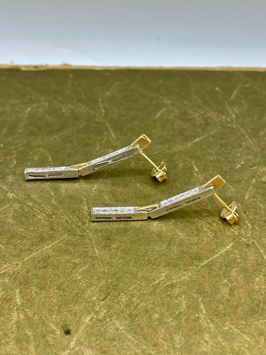 Modern 14k Dual Gold Channel + Pave Set Diamond Rod Drop Earrings 2