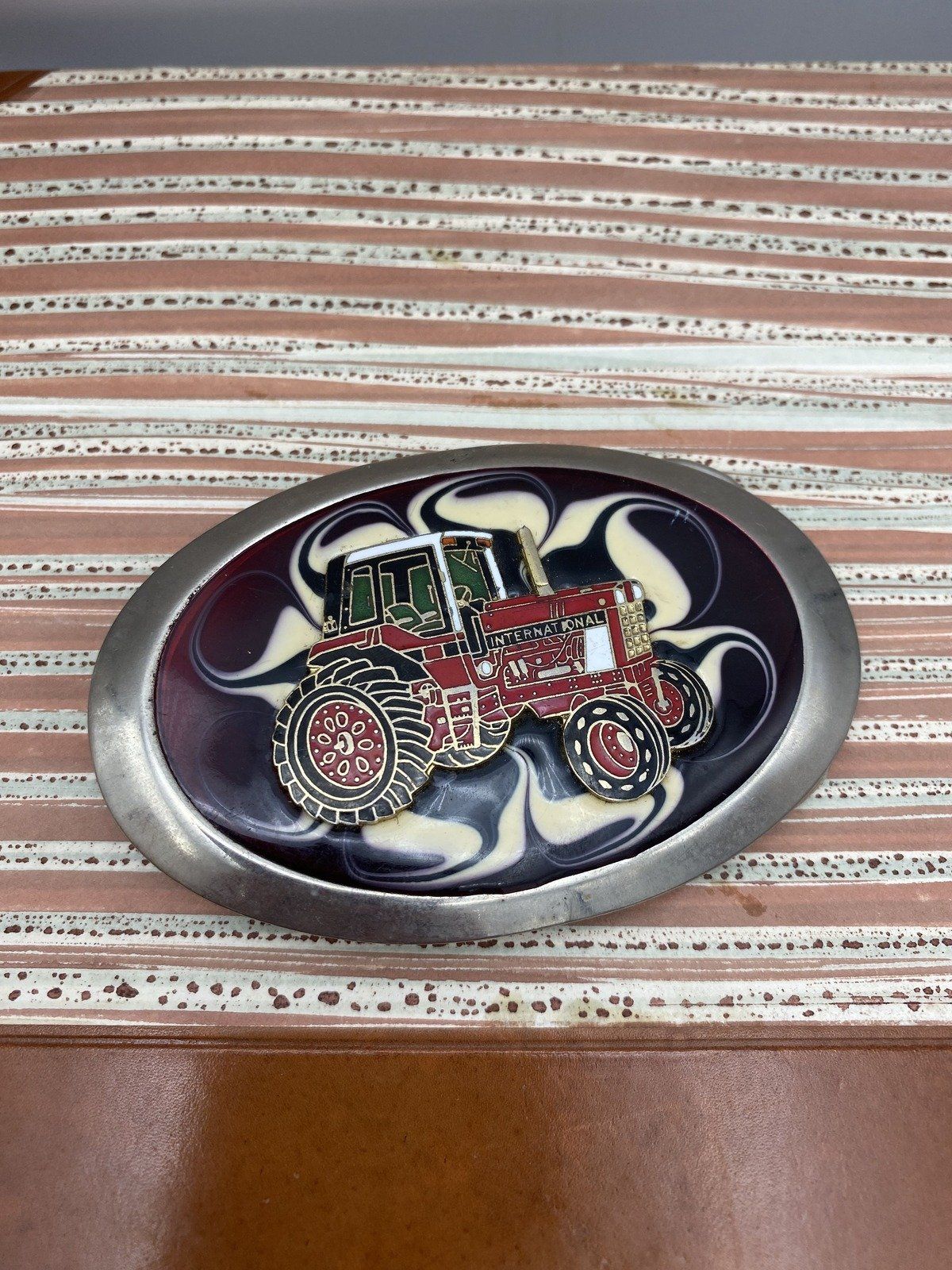 Vintage Enamel Acrylic Swirl Red Lucite International Tractor Boss Belt Buckle :)