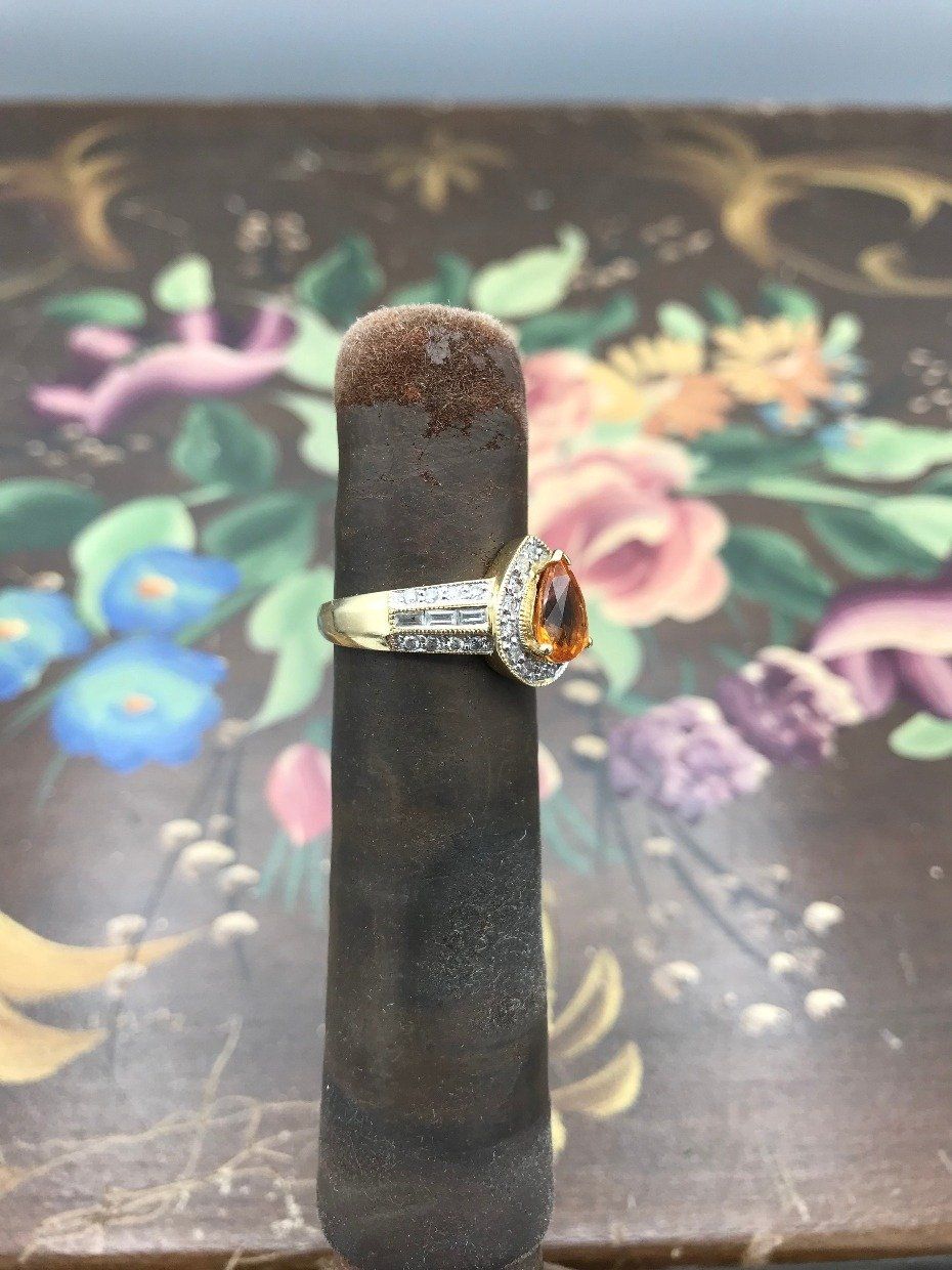 14k Gold Pear Cut Citrine + Diamond Ring w Baguettes 2