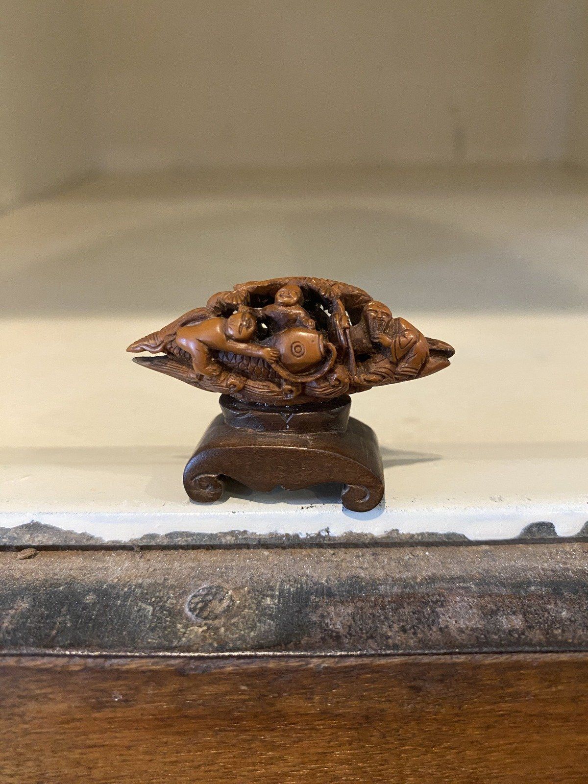 Hand Carved Chinese Olive Pit of Fauna Fishermen + Foliage & Koi 4