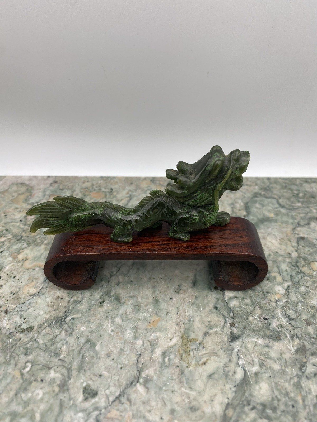 Hand Carved Natural Nephrite Jade Dragon w Feng Shui Wood Stand