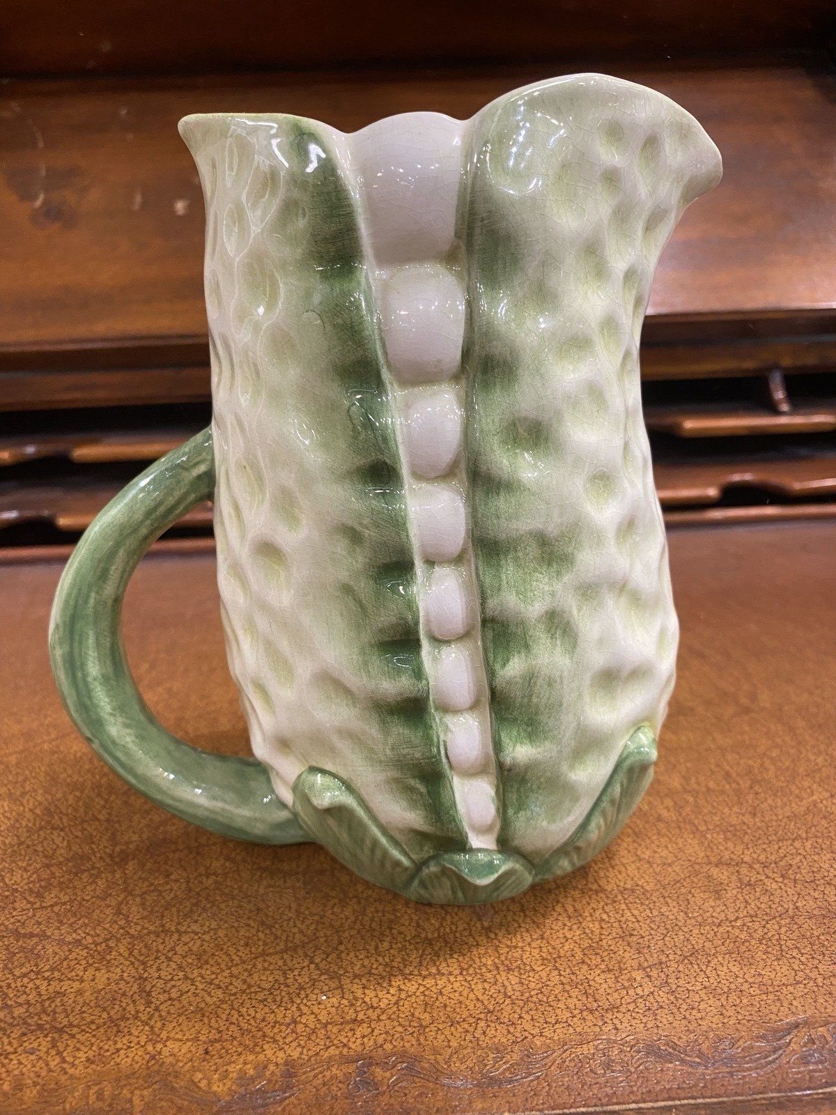 Vintage San Marco Majolica Pea Pod Drink Pitcher 6.75 2
