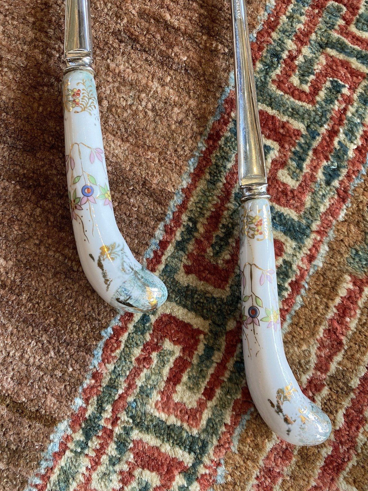 English Botanical + Gilt Porcelain Handle Serving Utensil Set 8