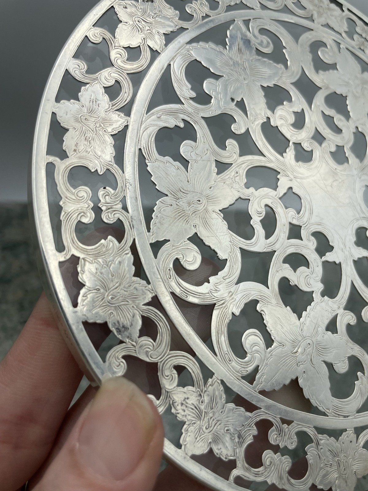 Reticulated Sterling Silver Etched + Glass Hot Plate Trivet 4