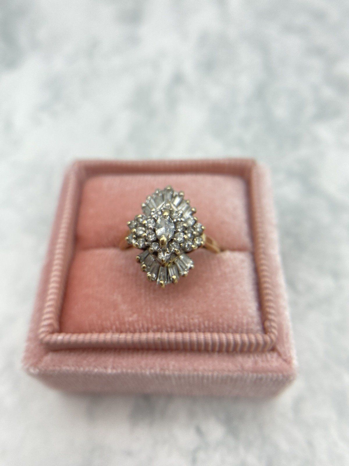 14k Vintage Diamond Spray Cluster Burst Ring w Baguettes + Marquise Center Diamond Ring 6