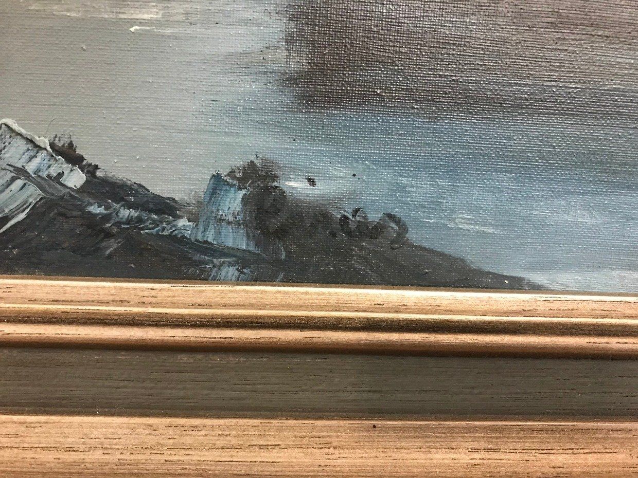 Artist Signed Original Acrylic Painting of Fishermen Boats + Misty Seascape 3