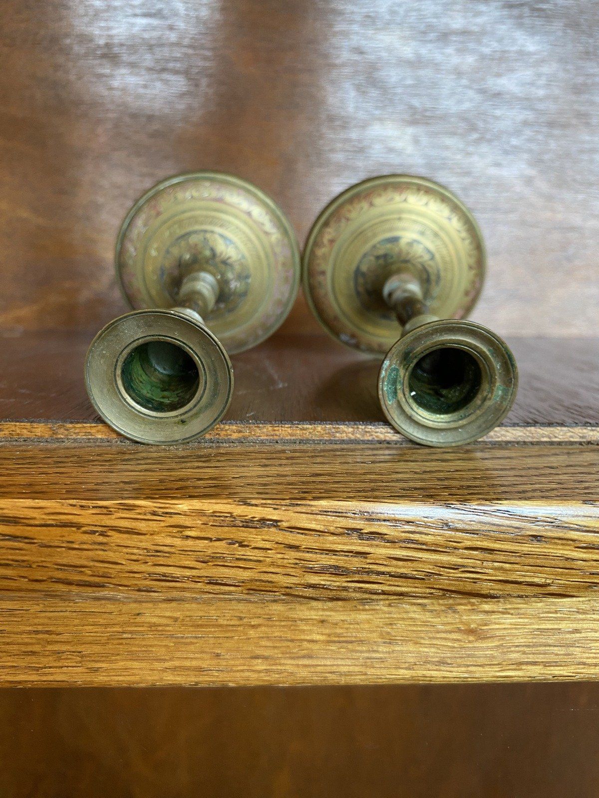 3pc Vintage Eastern Indian Enamel + Brass Altar Bell and Candle Set 5