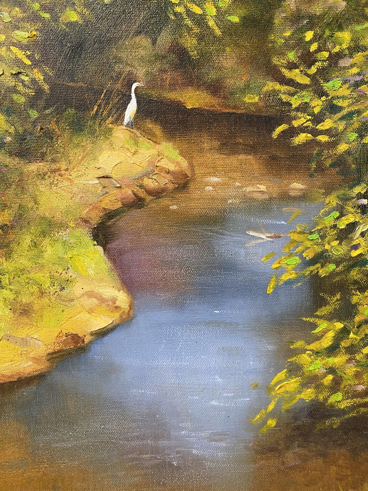 MS Artist Signed Original Greg Cartmell Impressionistic Stream w Heron Framed 22x18 Oil Painting 2