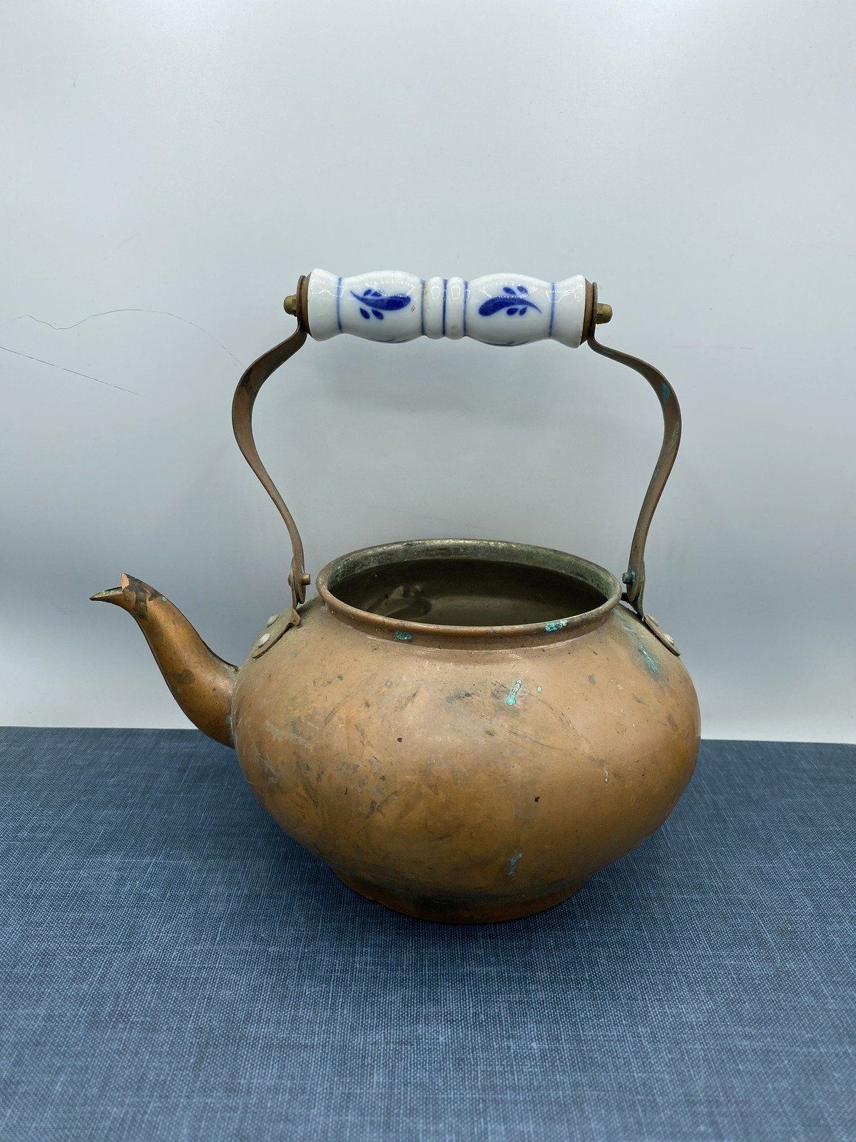 Old Copper Tea Pot w Deflt Blue Handle 2