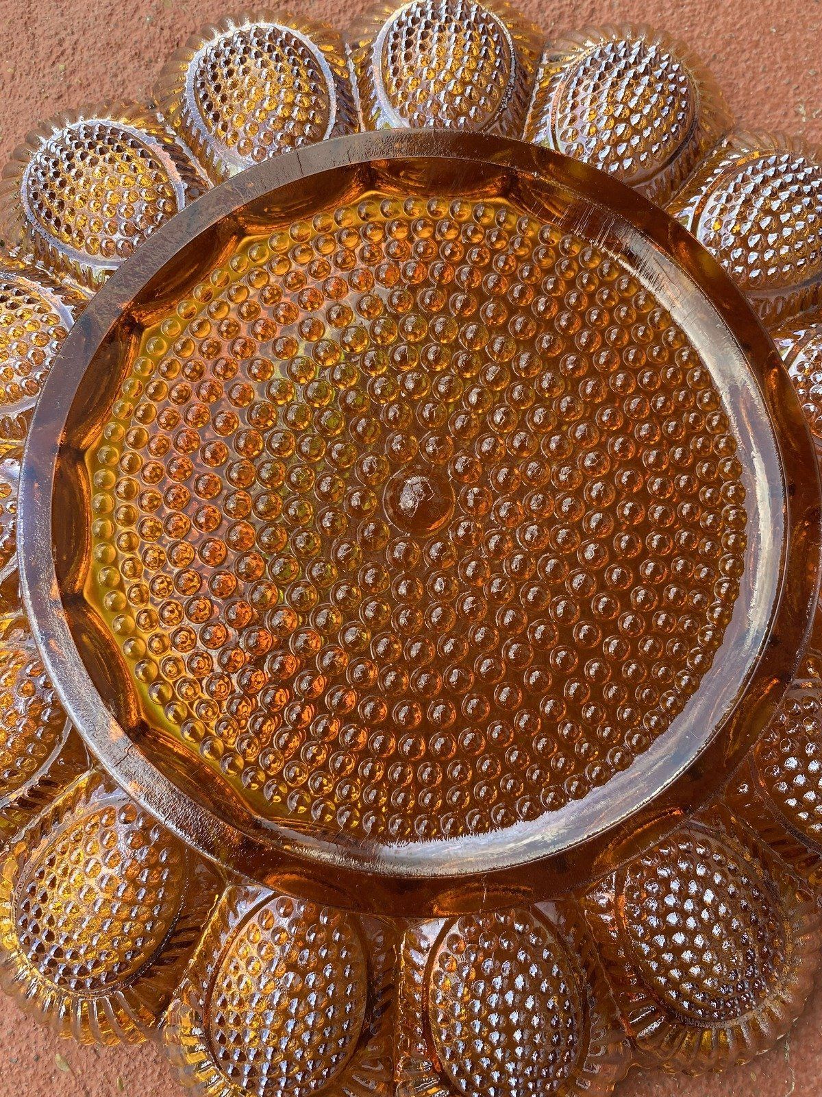Marigold Vintage Carnival Glass Deviled Egg Scalloped + Hobnail Platter 4