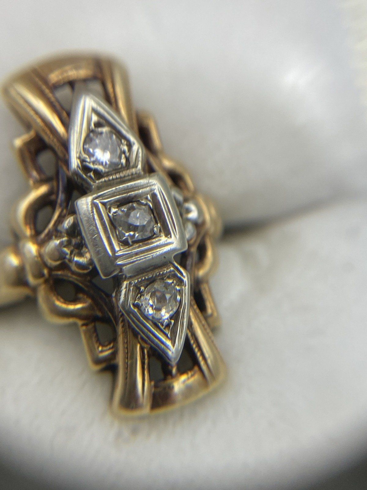 Antique 14k Gold Skeletal Diamond Navette Ring w White Gold Setting #2768 9