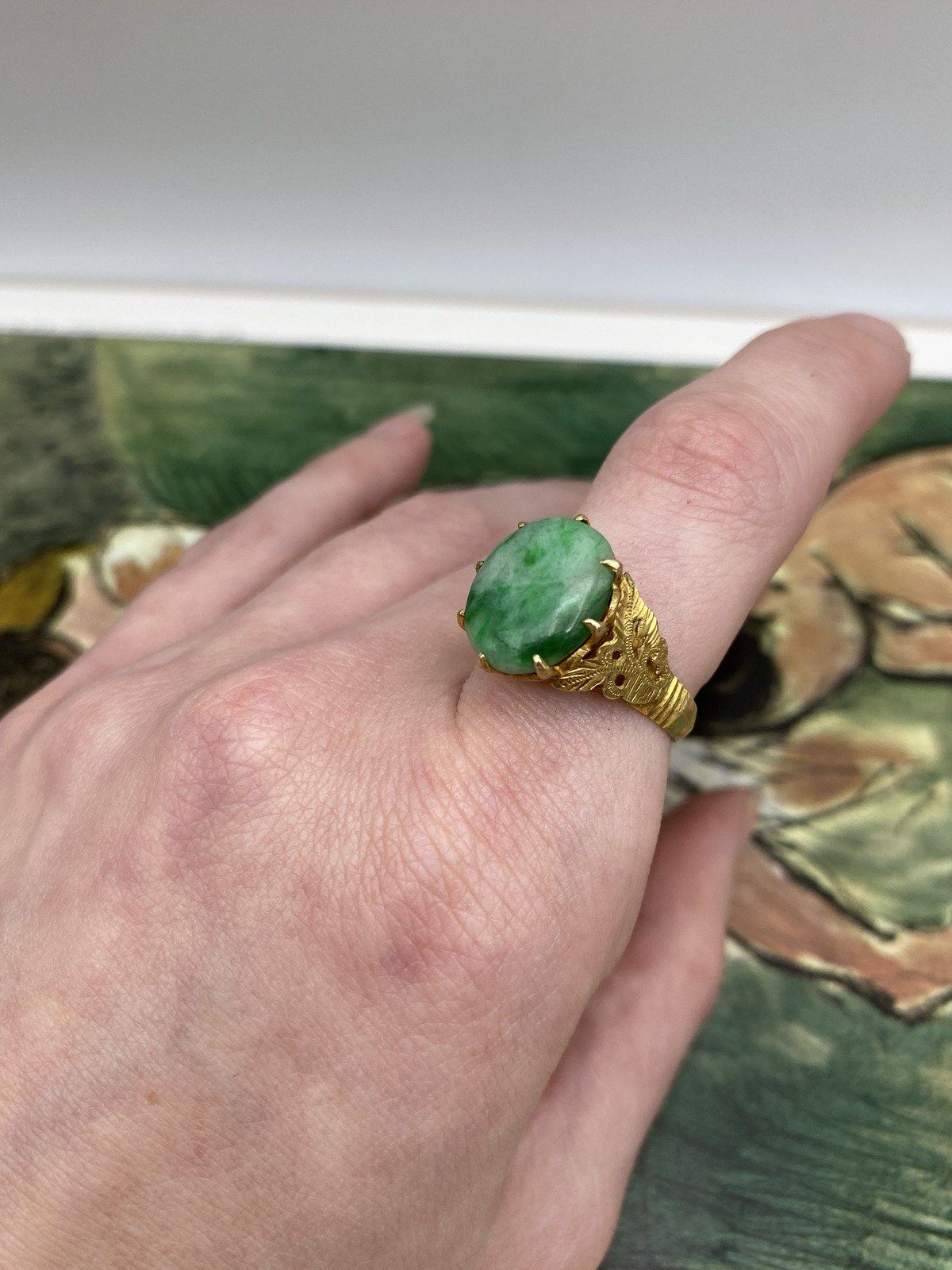 Antique 22k Gold Natural Jade Ring w Fauna Shoulders #2804 9