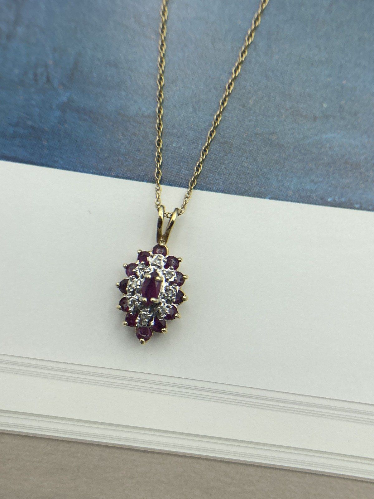 14k Gold Marquise Cluster Ruby + Diamond Drop Necklace 18L 4