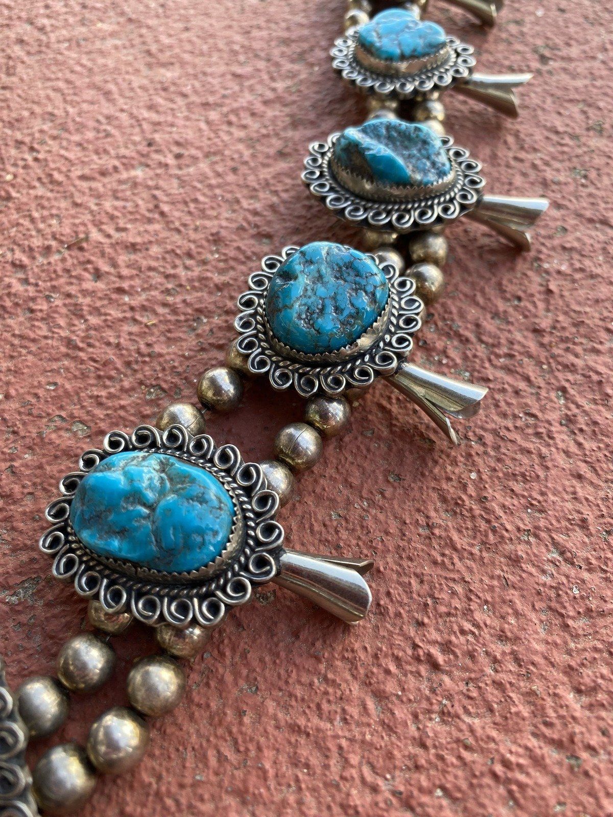 Vintage c.1970s Unsigned Navajo Native American Turquoise Squash Blossom Necklace 8