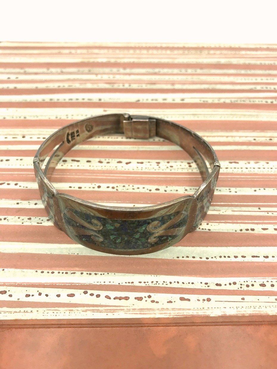 Mexico 925 Sterling Gem Chip Inlay Hinged Cuff Bracelet 3